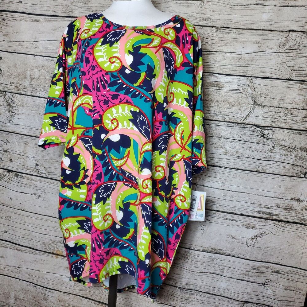 LuLaRoe Irma Shirt Classic Blue Pink Green Flowers Floral Size Large fits BIG